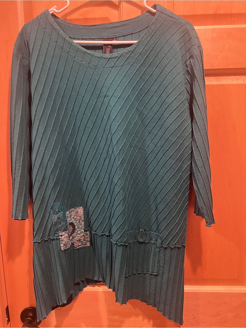 Focus Women’s Teal Textured Rib Knit Asymmetrical Tunic Top Lagenlook Cotton L